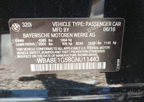 2016 BMW 320I from USA, damaged, VIN WBA8E1G58GNU11443
